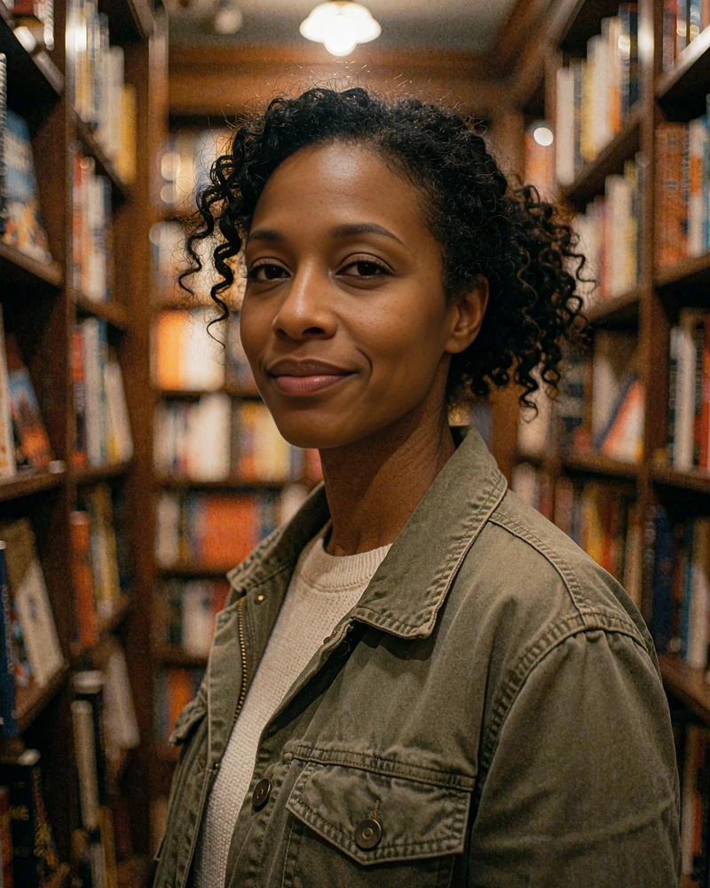 Illustrative photo of a woman smiling in a bookstore aisle, an example of a genuine-looking online dating photo