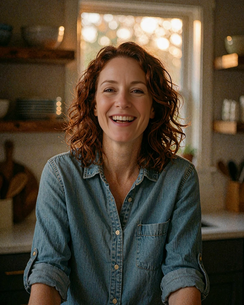Illustrative photo of a laughing woman in a home kitchen, showing a recent and natural dating profile picture