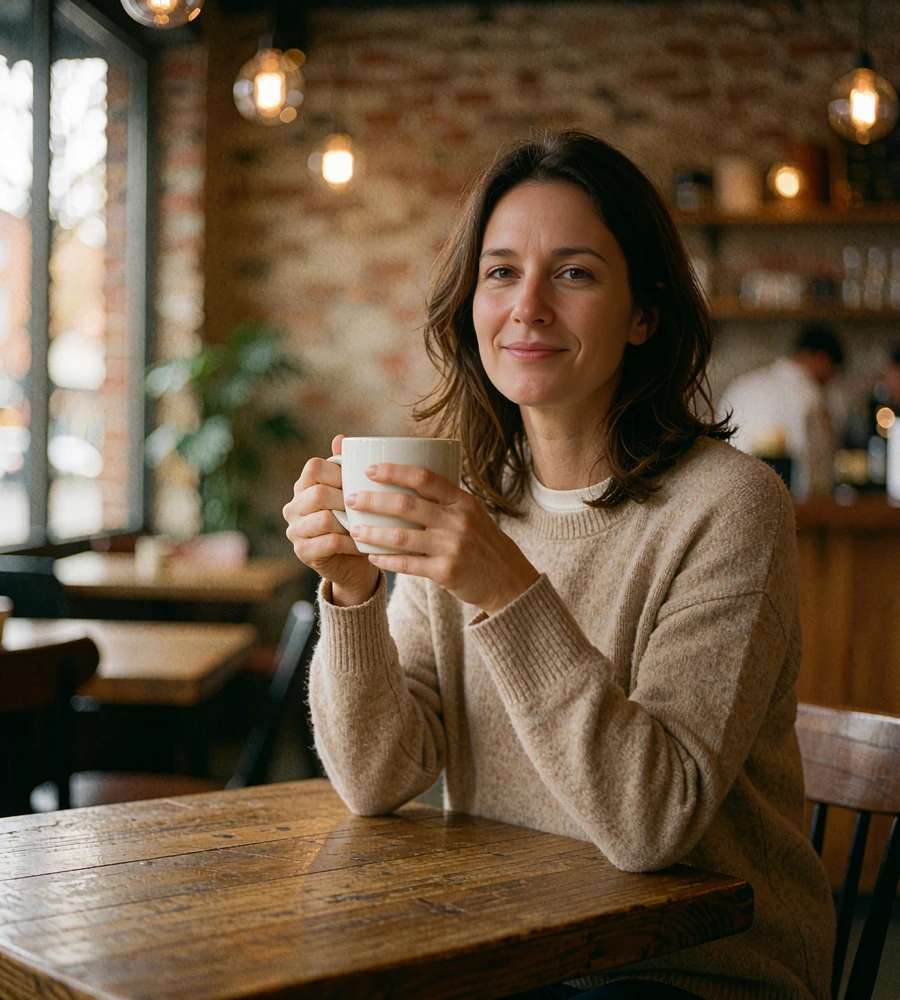 Illustrative photo of a smiling woman with a coffee mug in a café, the kind of everyday picture seen on dating profiles