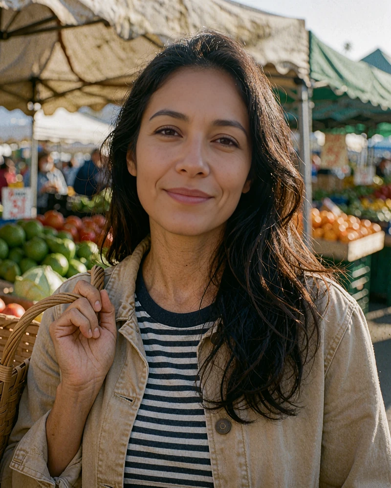 Illustrative photo of a woman with a woven basket at a farmers market, a candid example of an active dating profile