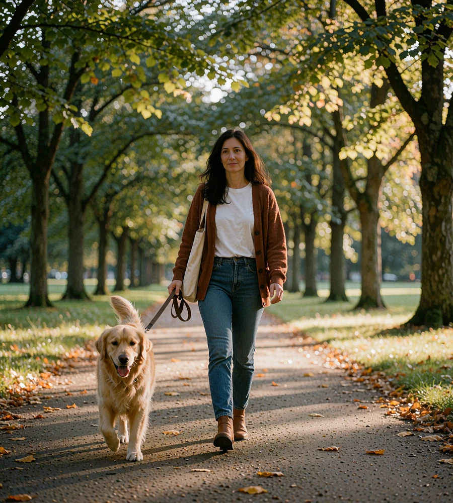 Illustrative photo of a woman walking her golden retriever in a park, a relaxed first-date idea for dog lovers