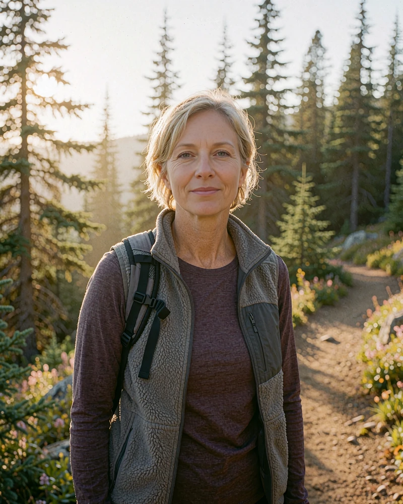 Illustrative photo of a smiling woman at a forest trailhead, a sample profile picture for outdoorsy singles